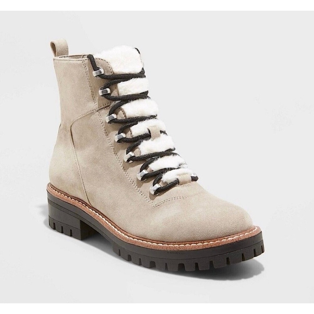 Universal Thread Women Taupe Fur Trim Lace Up Combat Boots 7.5 Winter Boots